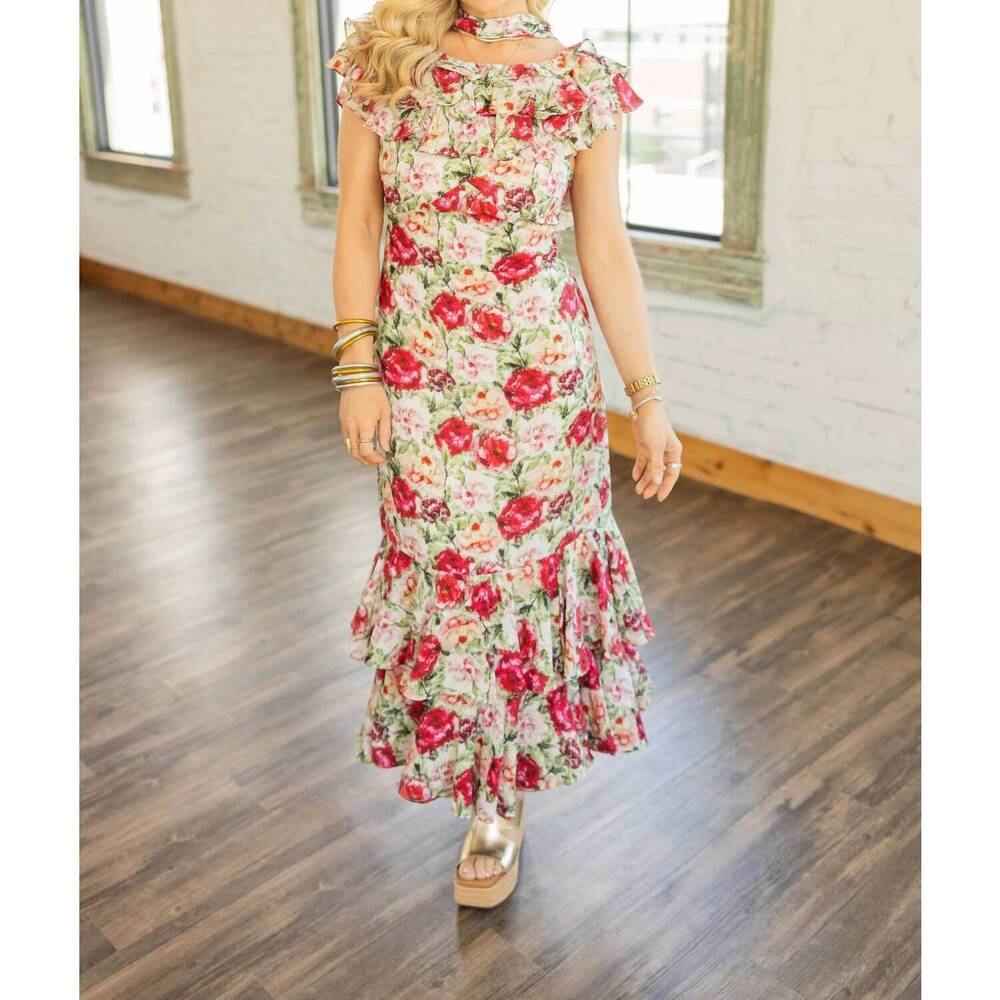 NEW SOFIE THE LABEL pamela floral ruffle midi dress in red